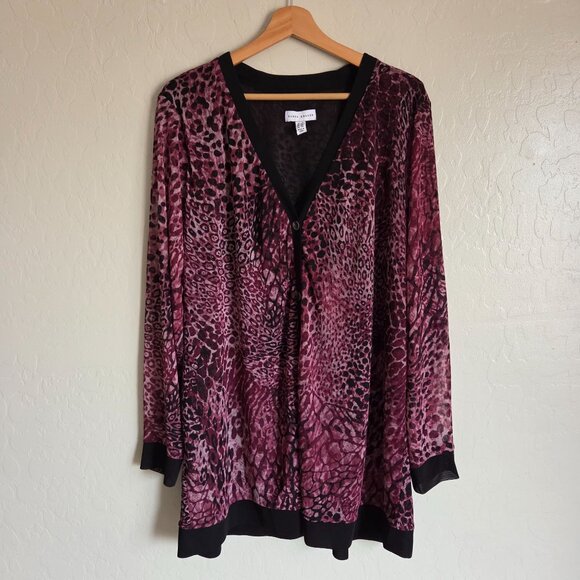 Susan Graver Animal Print Mesh Button Front Cardigan Wine/Black Size Women's 2X - Picture 1 of 9